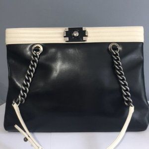 Guaranteed Authentic CHANEL Original Clasp Boy Tote Black Cream Leather $3500